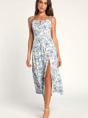 Lulu's Garden Glamour White Floral Print Tie-Strap Midi Dress